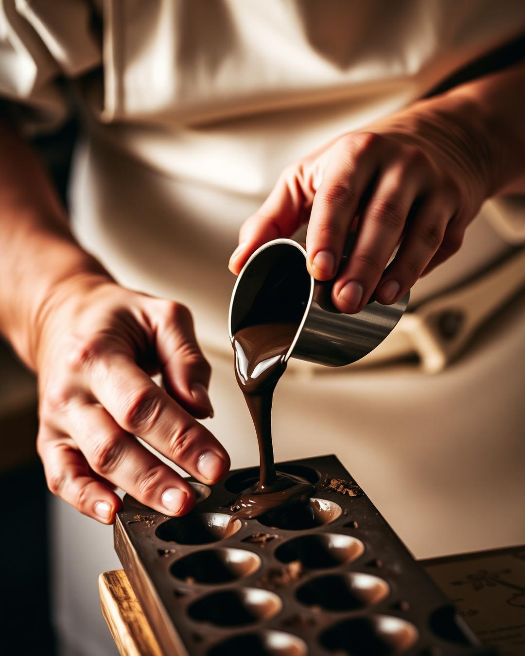 Chocolatier pouring molten chocolate into a mould